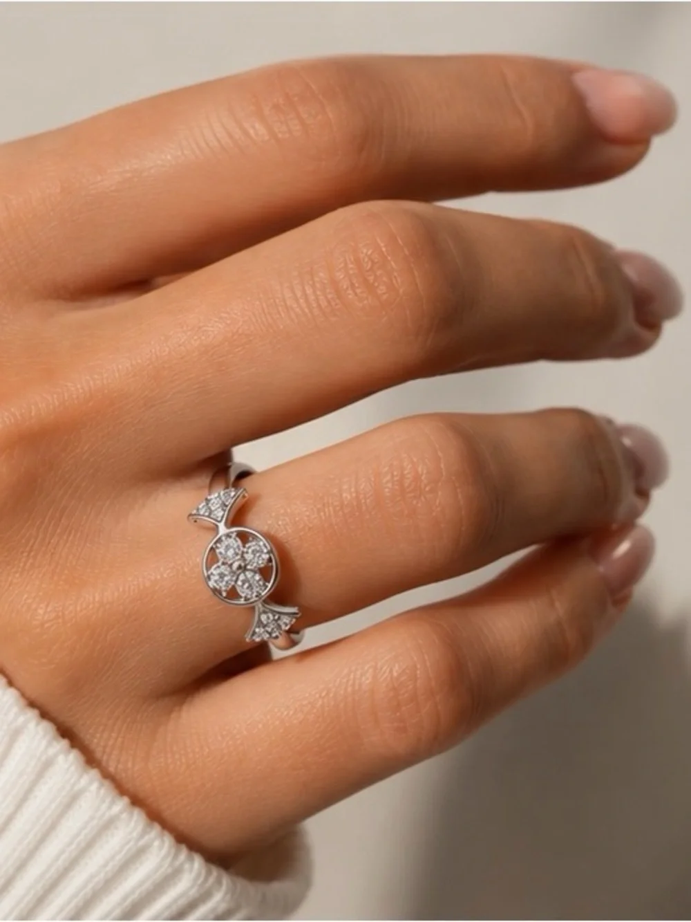 Silver Floral Cluster Ring with Clear Stones